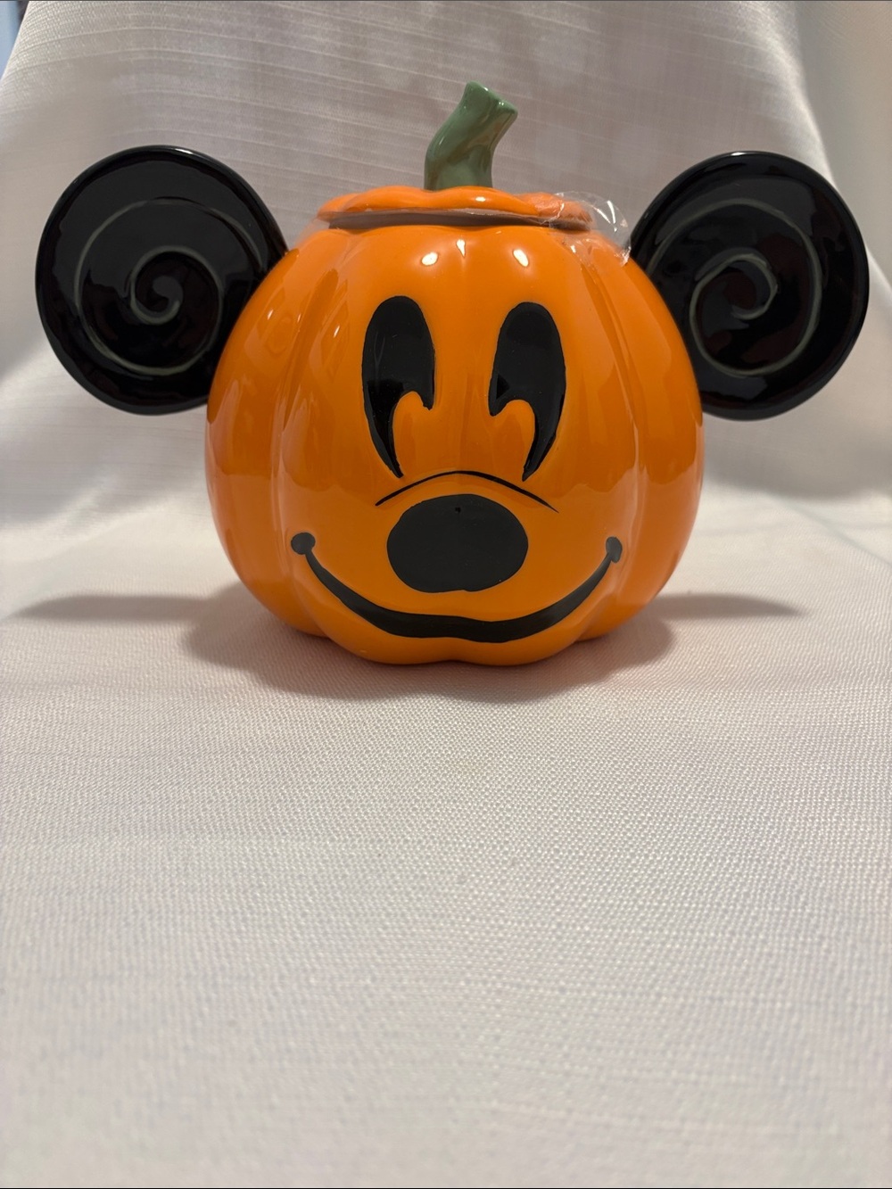 Disney Orange Pumpkin Treat Jar with Black Mickey Ears and Green Stem